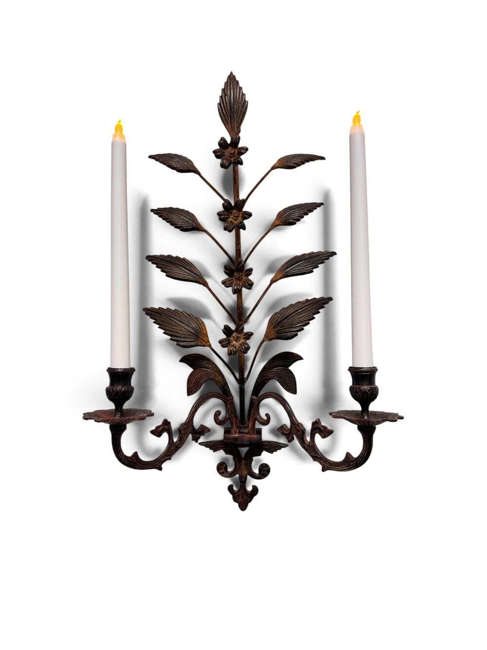 VTG wall sconce wrought iron floral leaf ornate double arm candle holder scroll